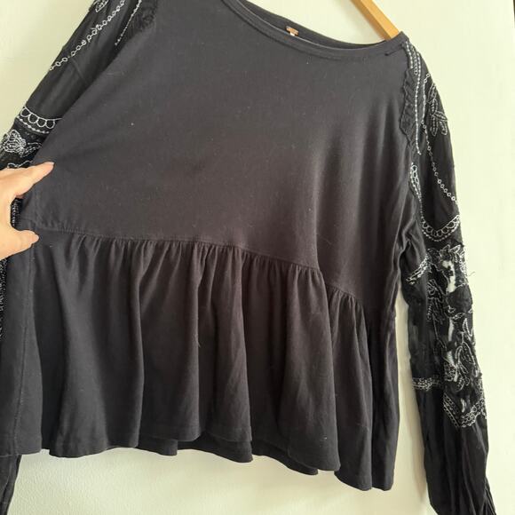 FREE PEOPLE | Black Penny Embroidered Sleeve Boxy Peplum Top | Small - Picture 3 of 8
